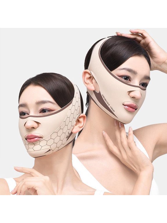 Cevemin 1 Pc Women's Face Lifting & Firming Mask - Adjustable Cloth Face Bandage for Nasolabial Folds & Wrinkles Reduction, Daily Face Shaping, Reusable Sleep Face Mask (Khaki, 20.47x4.72 Inch)