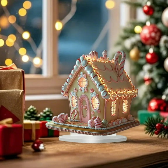 Cevemin 1 Pcs Christmas 2D Acrylic Desktop Standee - Multicolor Gingerbread House Ornament for Holiday Home Office Decoration Xmas Party Supplies