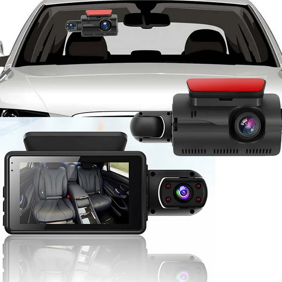 Cevemin 1080P Dual Lens Dash Cam with Rotatable Night Vision - 3 inch IPS Screen Car Front and Interior Video Recorder with 150° Wide Angle for Vehicle Driving Recording