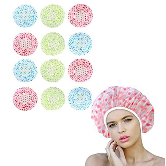 Cevemin 12 Pcs Polka Dot Shower Caps - Reusable Elastic Shower Caps Foldable for Travel, Hotel, Salon, Spa, and Home Use