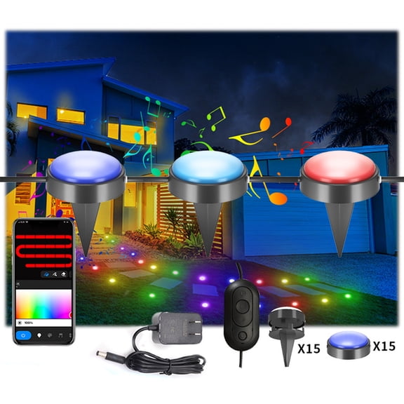 Cevemin 15 Pcs RGB Bluetooth LED Ground Plug Lights - Outdoor Waterproof IP68 Plastic Ambient Light String for Pool Patio Garden Decor