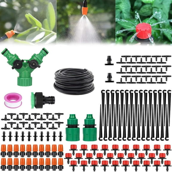 Cevemin 197 Inch Dual Outlet DIY Automatic Drip Irrigation Kit - Garden Watering System with Adjustable Drippers for Flower Beds, Balcony Plants, Automatic Plant Watering