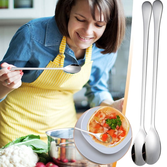 Cevemin 2 Pcs 304 Stainless Steel Long Handle Spoons - Polished Mirror Finish with Rounded Edges for Kitchen Restaurant Home Coffee Stirring and Seasoning