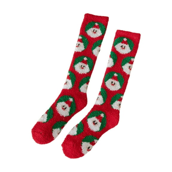 Cevemin 2 Pcs Christmas Corals Fleece Socks Women's Knee-High Stockings - Thickened Extra Lining Winter Thermal Socks with Festive Patterns for Xmas Holiday Party Gifts