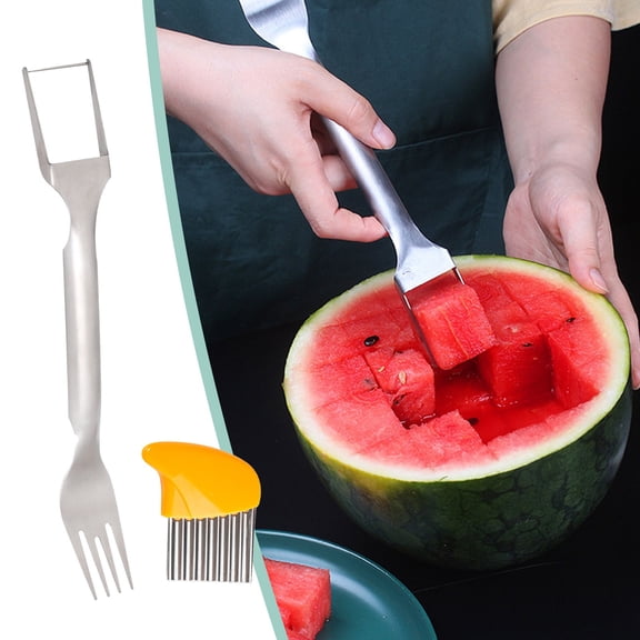 Cevemin 2-in-1 Stainless Steel Watermelon Cutter with Fruit Divider Tool - Durable Melon Cubing Slicer with Serving Fork, Lightweight Kitchen Tool for Home Use