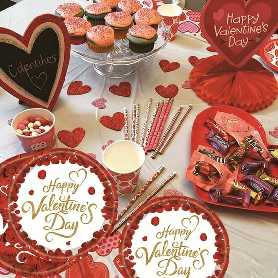 Cevemin 20 Pcs Valentine's Day Rose Heart Paper Tableware Set - 6.69x6.69in Gold Powder Themed Disposable Plates Cups Tissues for Romantic Dinner Party Supplies