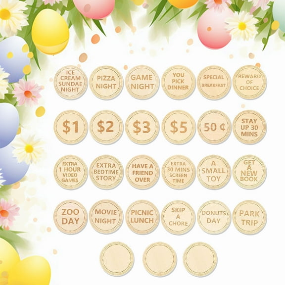 Cevemin 24 Pcs Wooden Easter Egg Stuffing Tokens with 3 Free Blank - Engraved Prize Coins for Easter Egg Activities and Holiday Celebrations