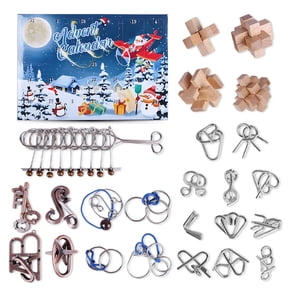 Cevemin 24-Piece Christmas Advent Puzzle Calendar Set - Reuben Lock and 9 Linked Rings Daily Brain Teaser Games, Festive Holiday Gift Box for Kids Adults Family