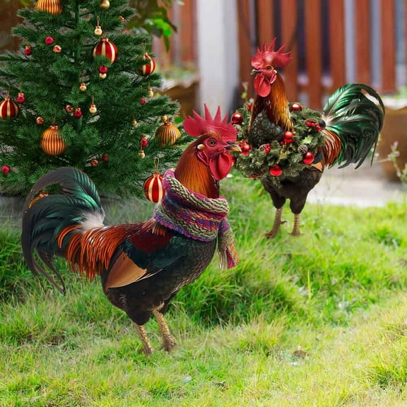 Cevemin 2Pcs Christmas Insertion Christmas Cute Rooster Ground Stake, Festival Decoration Plugin for Xmas Holiday Garden Lawn Indoor/Outdoor Decoration, Exquisite Craftsmanship and Details