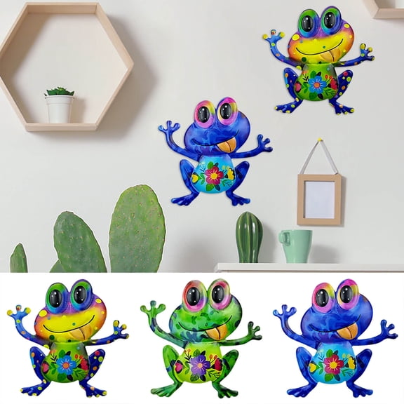 Cevemin 3 Pcs Frogs Iron Wall Hanging Decorations - Colorful Handcrafted Iron Art Pendants for Garden Patio Living Room Home Office Decor