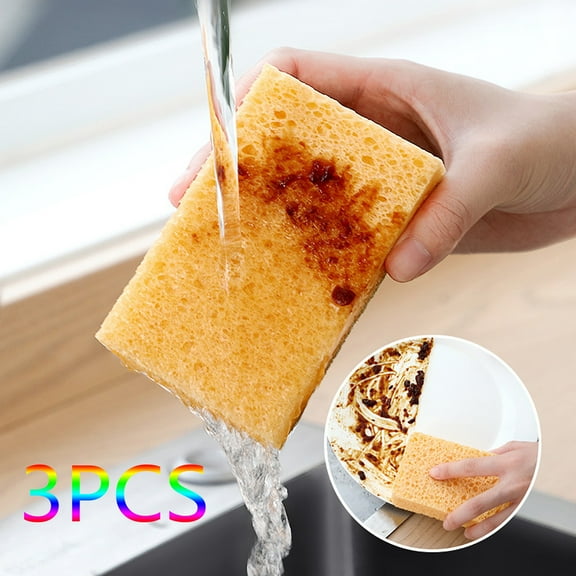 Cevemin 3 Pcs Wood Pulp Cotton Sponge for Dishwashing - Thickened Sponge Blocks with Elasticity and High Absorption for Kitchen Cleaning, Grease Stain Removal, Bathroom and Leather Care