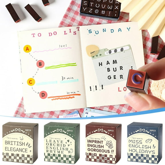 Cevemin 30-Piece DIY Wooden Alphabet Stamps Set with Cream Ink Pad - British Themed Crafting for Journals & Cards