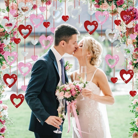 Cevemin 36 Pcs Valentine Heart Paper Cut-Out Hanging Ornaments - Romantic Valentine's Day Decorations DIY Heart Garland for Bedroom Window Office Party Supplies