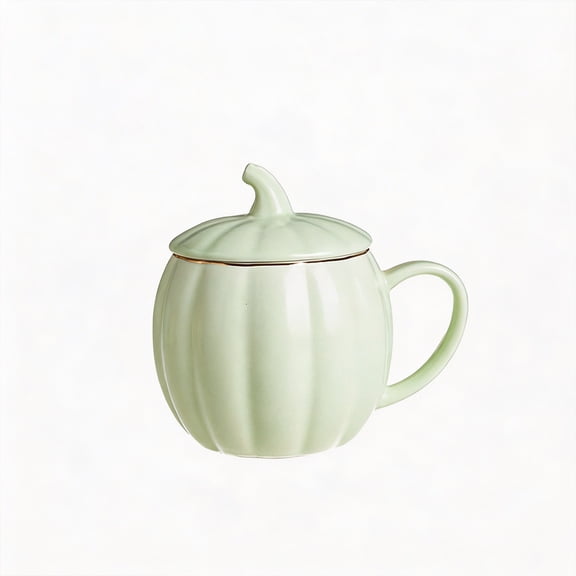 Cevemin 400ml Pumpkin Glazed Ceramic Mug With Lid - Porcelain Tea Cocoa Drink Cup For Kitchen Desk Halloween Holiday Tabletop Decor - Available in Sweet, Mint Green, Cream Yellow and Orange