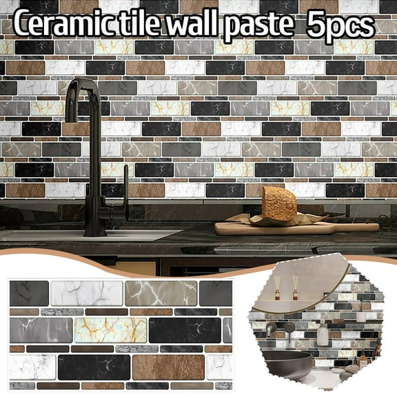 Cevemin 5 Pcs Peel and Stick Ceramic Tile Stickers - Brick Grain Crystal Film Self-Adhesive for Wall Kitchen Bathroom Renovation