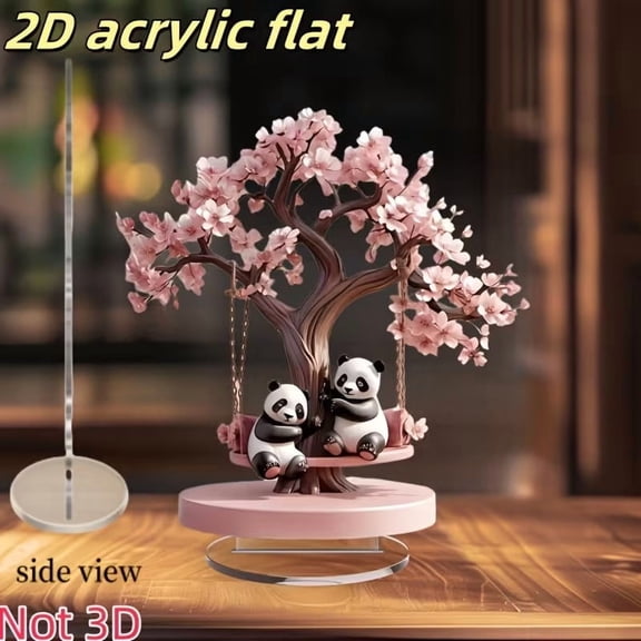 Cevemin 7.9 Inch 2D Acrylic Panda on Swing under Cherry Blossom Tree Desktop Art Decoration Ornament for Holiday Gift Home Office Decor
