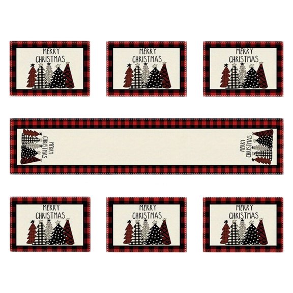 Cevemin 7-Piece Christmas Tablecloth Place Mat Set with Red and White Snowflake Christmas Deer Design - Polyester Holiday Table Decor for Home, Restaurant, Xmas Party Ambiance