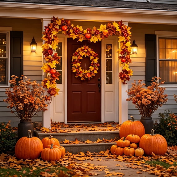 Cevemin Artificial Rattan With Faux Maple Leaves Fall Outdoor Decor - Multicolor Plastic Maple Leaf Vine for Halloween Thanksgiving Home Party Wall Hanging Decorations