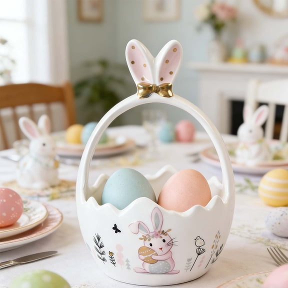 Cevemin Ceramic Easter Bunny Basket with Handle - White Egg-Shaped Candy Bowl for Easter Table Decor, Party Favors and Gift