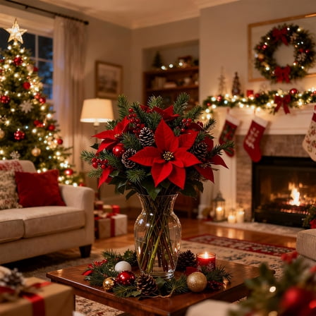 Cevemin Christmas Artificial Red Poinsettia Flowers with Pinecones and Berries - 13.4in Plastic Holiday Bouquet Floral Arrangement for Home Table Centerpiece Decor