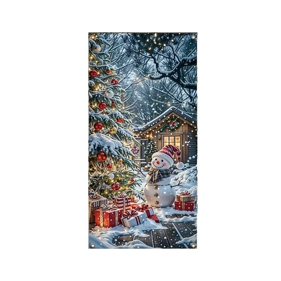 Cevemin Christmas Door Banner with Santa and Snowman - 35x71 Inch Multicolor Polyester Holiday Door Cover Hanging Flag for Outdoor Front Porch Wall Decor, Home Party Xmas Decoration