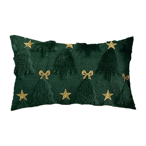 Cevemin Christmas Tree Bow Star Throw Pillow with Pillow Insert - Red Green Embroidered Holiday Decorative Cushion for Sofa Chair Living Room Xmas Decor