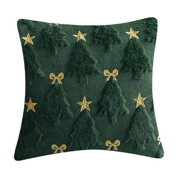 Cevemin Christmas Tree Bow Star Throw Pillow with Pillow Insert - Red Green Embroidered Holiday Decorative Cushion for Sofa Chair Living Room Xmas Decor