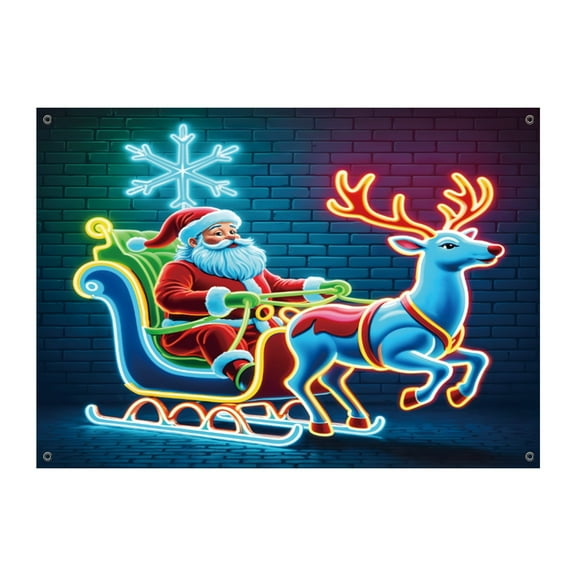 Cevemin Christmas Wall Mural Santa Sleigh with Reindeer Neon Art, 83x59 Inches Holiday Decor for Walls, Festive Home Decoration, Large-Scale Waterproof Wall Sticker for Indoor Outdoor Use