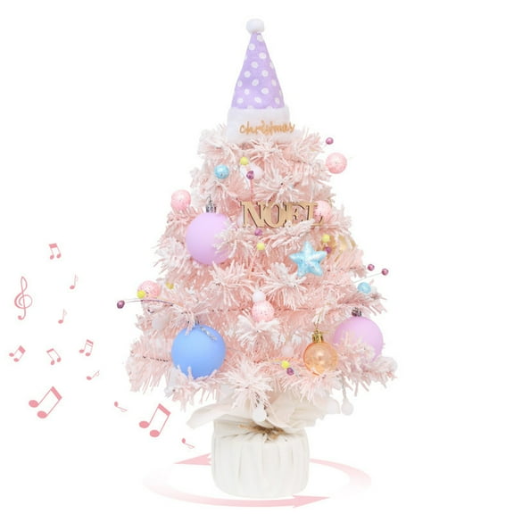 Cevemin Color Rotating Music Box Desktop Mini Christmas Tree Ornament - 23.6 Inch PVC Artificial Xmas Tree with LED Lights & Snowflake Flocking for Home Holiday Decor