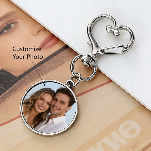 Cevemin Custom Photo Keychain - Romantic Alloy Heart Round Rotating Clasp Keyring Gift with Insert for Couples, Valentine's Day, Anniversary