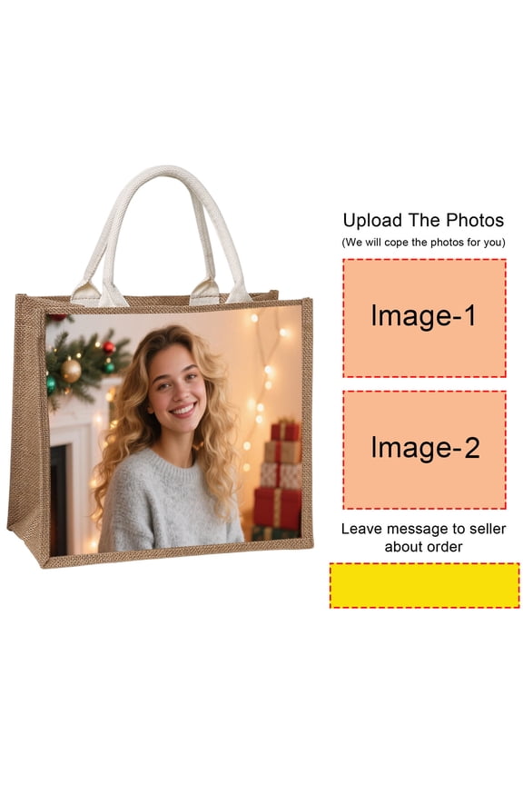 Customized Christmas Linen Tote Bag - Double-Sided Printable (Photo/Name/Pattern) Reusable Handbag, 2 Sizes for Travel Shopping Holiday Gifts
