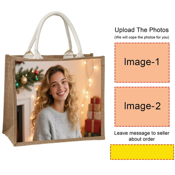 Cevemin Customized Christmas Linen Tote Bag - Double-Sided Printable (Photo/Name/Pattern) Reusable Handbag, 2 Sizes for Travel Shopping Holiday Gifts