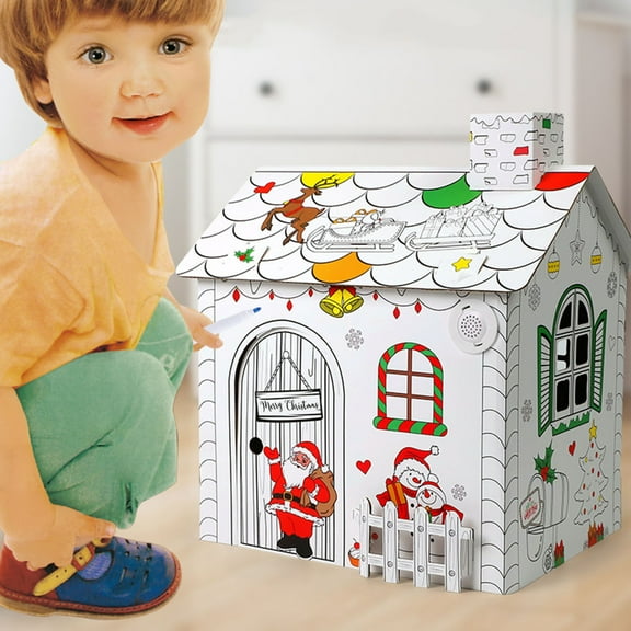 Cevemin DIY Christmas Playhouse with LED Light and Music - Foldable Paper Craft House for Coloring and Holiday Decor
