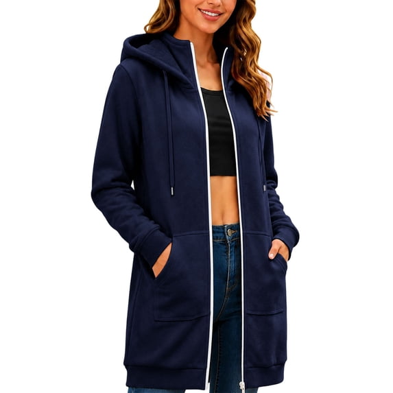 Solid Color Vintage Hoodies Longline Relaxed Full Zip Fall Tops Long Sleeve Fashion Clothes Adjustable Drawstring Hood Large Front Patch Pockets Sweatshirts Navy,XXXL