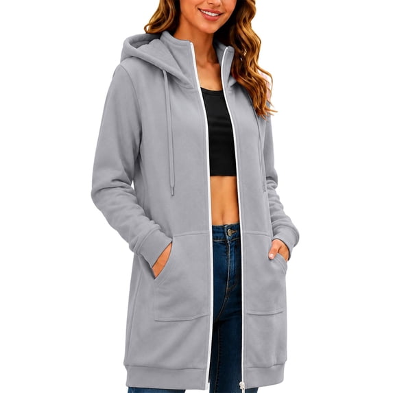 Solid Color Vintage Hoodies Longline Relaxed Full Zip Fall Tops Long Sleeve Fashion Clothes Adjustable Drawstring Hood Large Front Patch Pockets Sweatshirts Gray,M