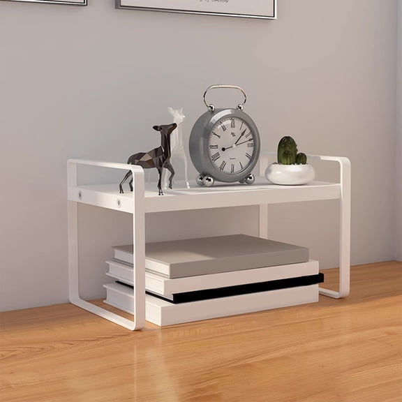 Cevemin Double Layer Desktop Storage Rack with Iron Frame and Wooden Boards - Desk Organizer Shelf for Home Office Use