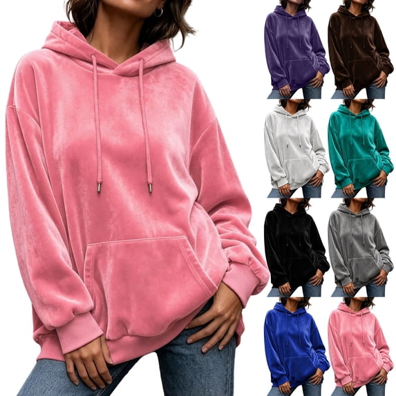 Cevemin Women Velvet Hoodie, Long Sleeve, Oversized Fit, Kangaroo Pocket, Drawstring, Ribbed Cuff, Soft Velour Sweatshirt for Daily Casual Lounge Wear Black,L