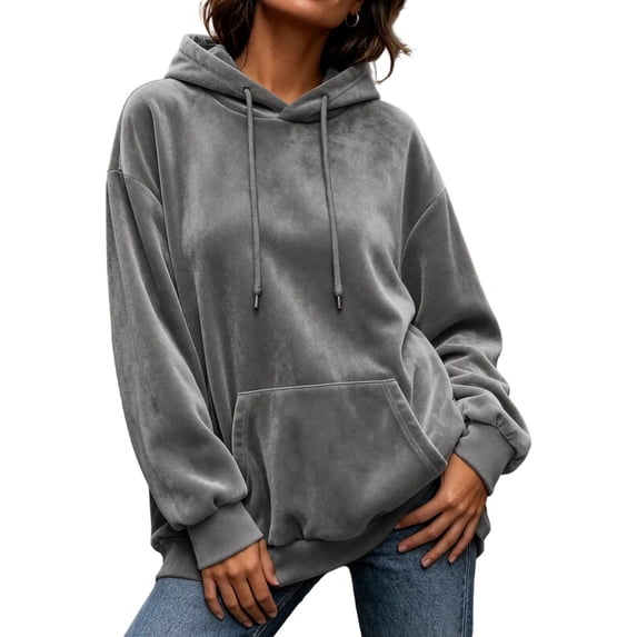 Women Velvet Hoodie, Long Sleeve, Oversized Fit, Kangaroo Pocket, Drawstring, Ribbed Cuff, Soft Velour Sweatshirt for Daily Casual Lounge Wear Gray,XXL