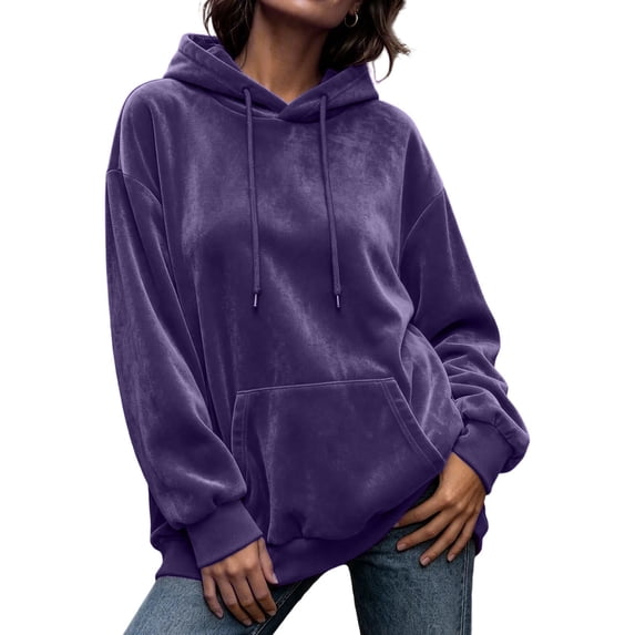 Women Velvet Hoodie, Long Sleeve, Oversized Fit, Kangaroo Pocket, Drawstring, Ribbed Cuff, Soft Velour Sweatshirt for Daily Casual Lounge Wear Purple,M