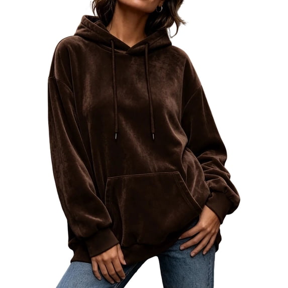 Women Velvet Hoodie, Long Sleeve, Oversized Fit, Kangaroo Pocket, Drawstring, Ribbed Cuff, Soft Velour Sweatshirt for Daily Casual Lounge Wear Coffee,L