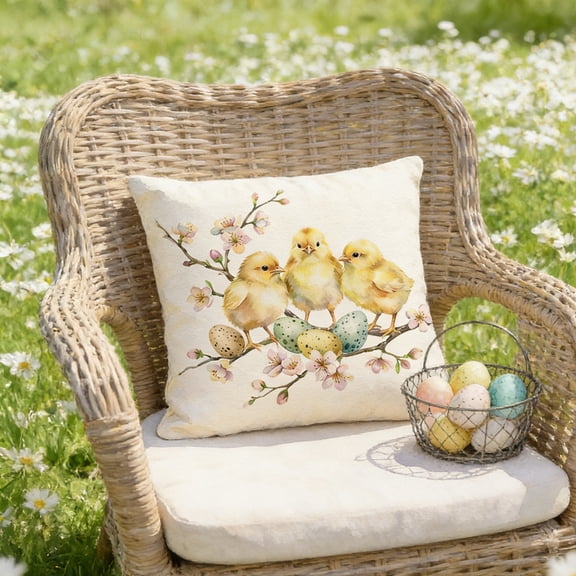 Cevemin Easter Bunny and Chick Egg Print Decorative Pillow - Nylon Spandex Beige Cushion 17.71x17.71 Inches for Sofa Bedroom Holiday Home Party Decor