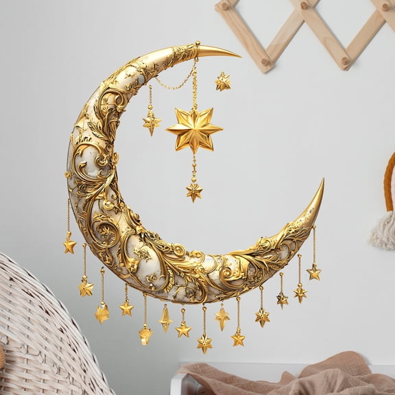 Cevemin Embossed Moon and Star Wall Sticker - Plastic Removable Decorative Sticker in Yellow for Bedroom, Dining Room, Bathroom Home Decoration