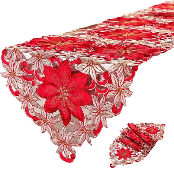 Cevemin Embroidery Lace Christmas Table Runner - Red Polyester Waterproof Holiday Dining Tablecloth 69.2x14.9in for Xmas Home Party Decorations