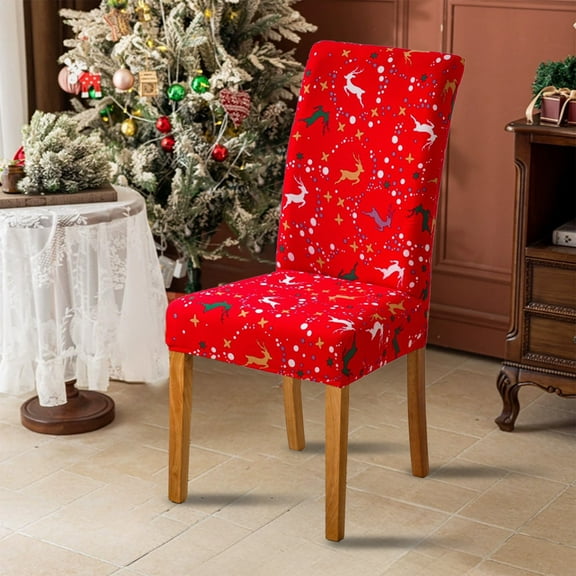 Cevemin Festive Red Elastic Dining Chair Covers for Christmas - Washable Stretch Chair Protectors with Moose Print, Non-Slip Band for Holiday Parties & Home Decor (36-48cm, Polyester)