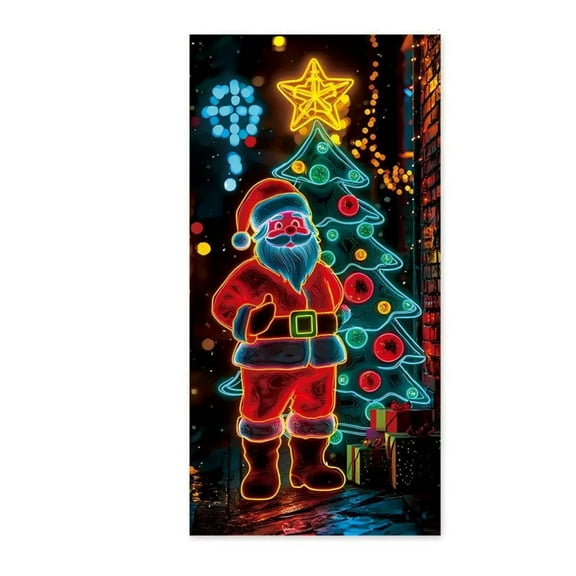 Cevemin Fluorescent Christmas Door Cover - 71x35 Inch Glowing Holiday Decorations with Santa and Snowflakes for Indoor Outdoor Xmas Party Home Decoration