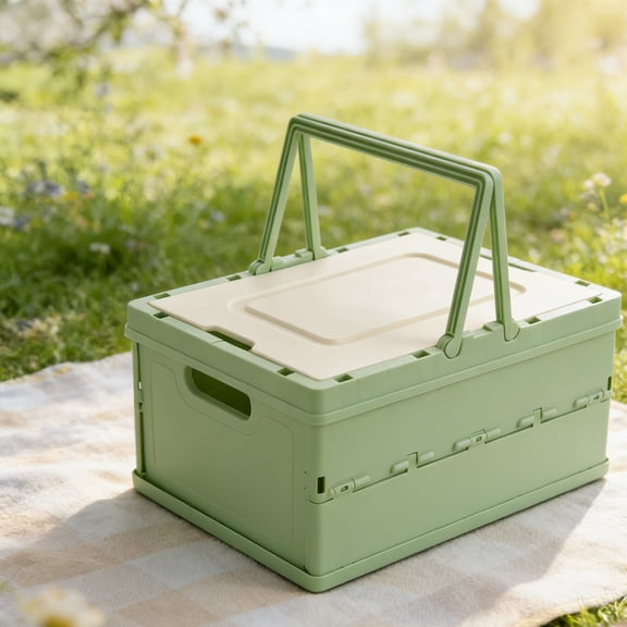 Cevemin Foldable Storage Box Organizer - Plastic Multi-Purpose Handheld Basket with Convertible Lid for Home Storage, Outdoor Camping, and Picnics, 14.37x10.43x7.28 Inches