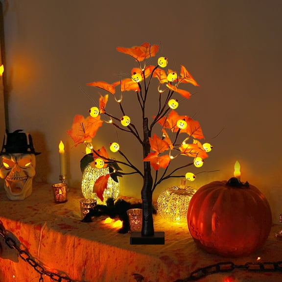 Cevemin Halloween LED Maple Tree Lights with 24LED Yellow Maple Leaf - Battery/USB Powered Indoor Decor for Spooky Party, Holiday Ambience