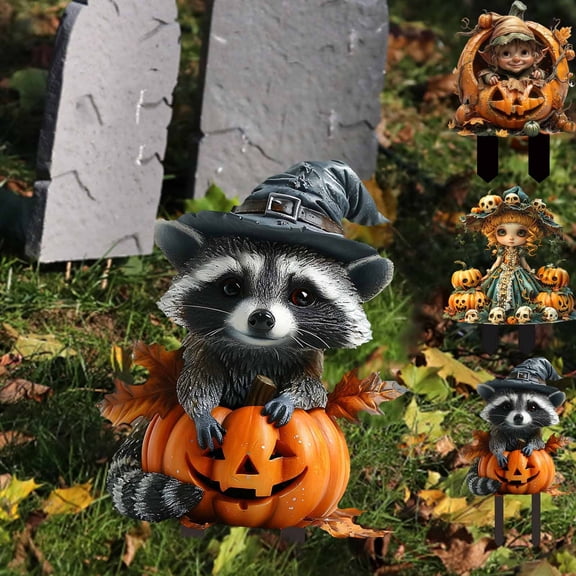 Cevemin Halloween Pumpkin Raccoon Acrylic Ground Plugs Set - Scary Reusable Outdoor Decorations for Lawn, Garden, Party & Store Displays 2025
