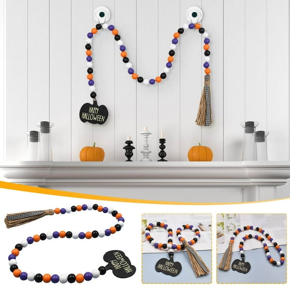 Cevemin Halloween Wooden Beads Fringe Garland - DIY Colorful Pumpkin Decor for Home, Christmas Tree & Party Decoration (75g Natural Wood Pendant, Reusable)