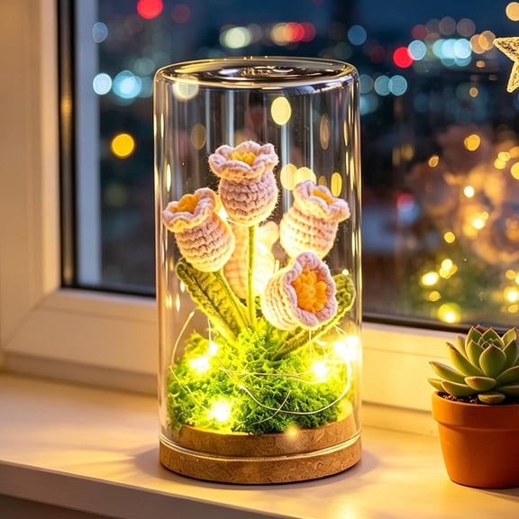 Cevemin Hand Crochet Flower Of The Valley Night Light - White Pink Yellow Handmade Knitted LED Glass Dome Lamp for Bedroom Desktop Warm Decor Gift
